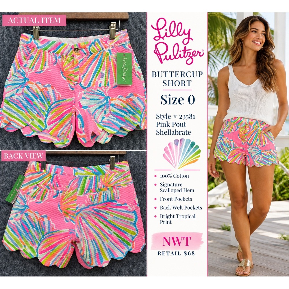 Lilly Pulitzer Buttercup Short Women Pink Pout Shellabrate 0 NWT Scalloped Hem